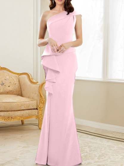 One-Shoulder Floor-Length Trumpet/Mermaid Gown for the Mother of the Bride