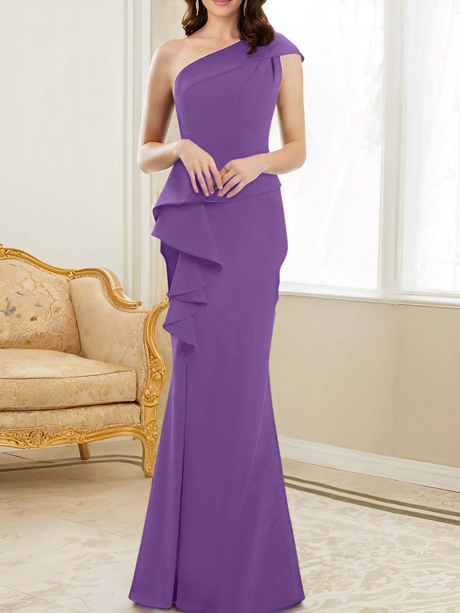 One-Shoulder Floor-Length Trumpet/Mermaid Gown for the Mother of the Bride