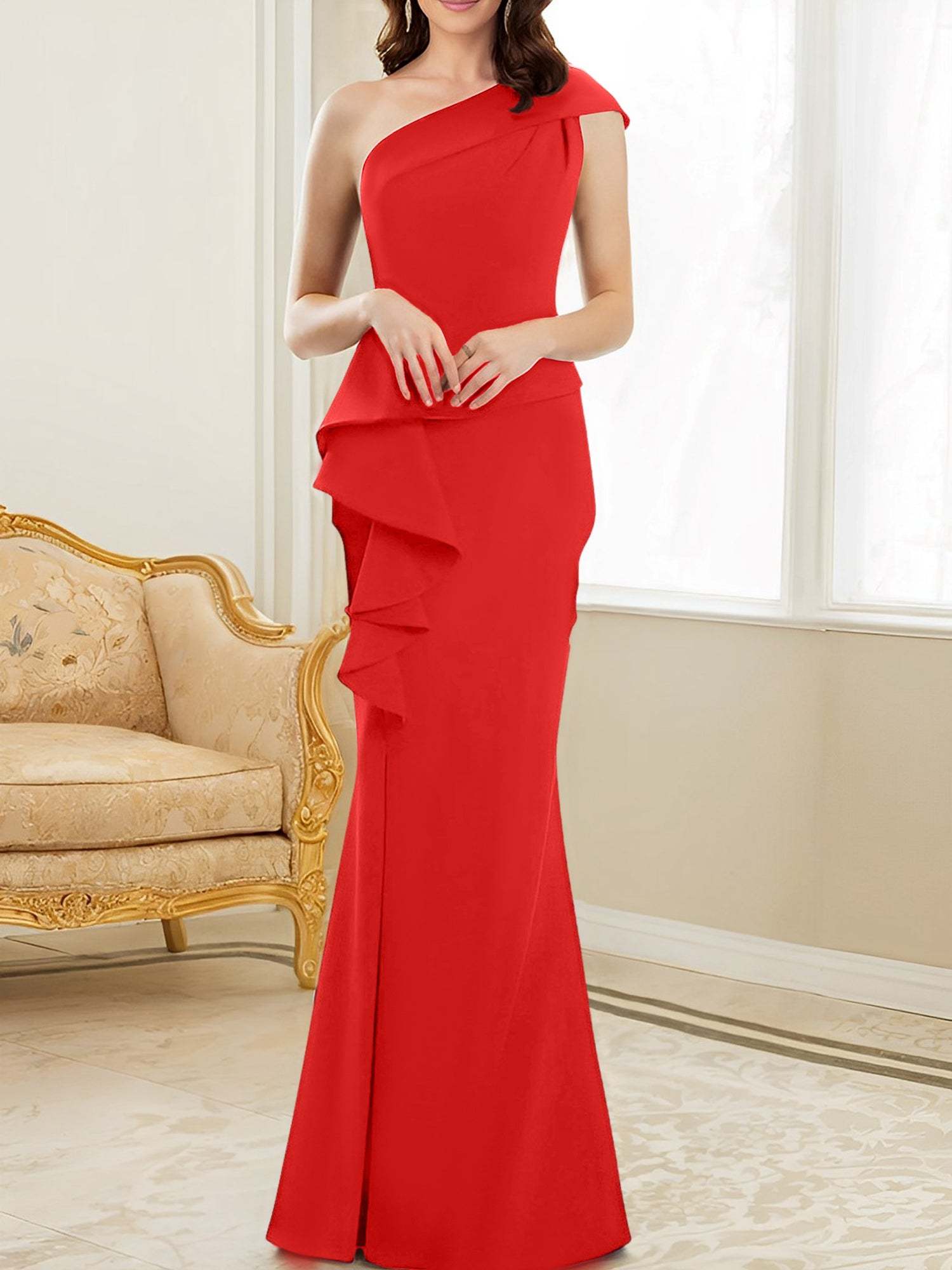 One-Shoulder Floor-Length Trumpet/Mermaid Gown for the Mother of the Bride