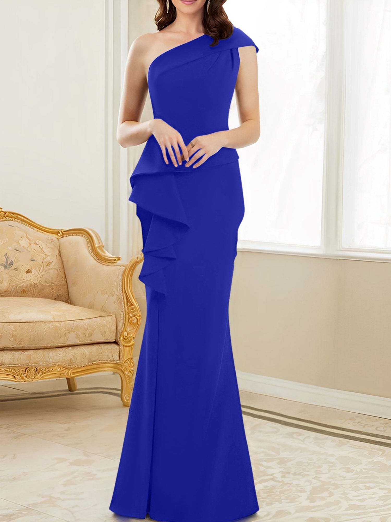 One-Shoulder Floor-Length Trumpet/Mermaid Gown for the Mother of the Bride
