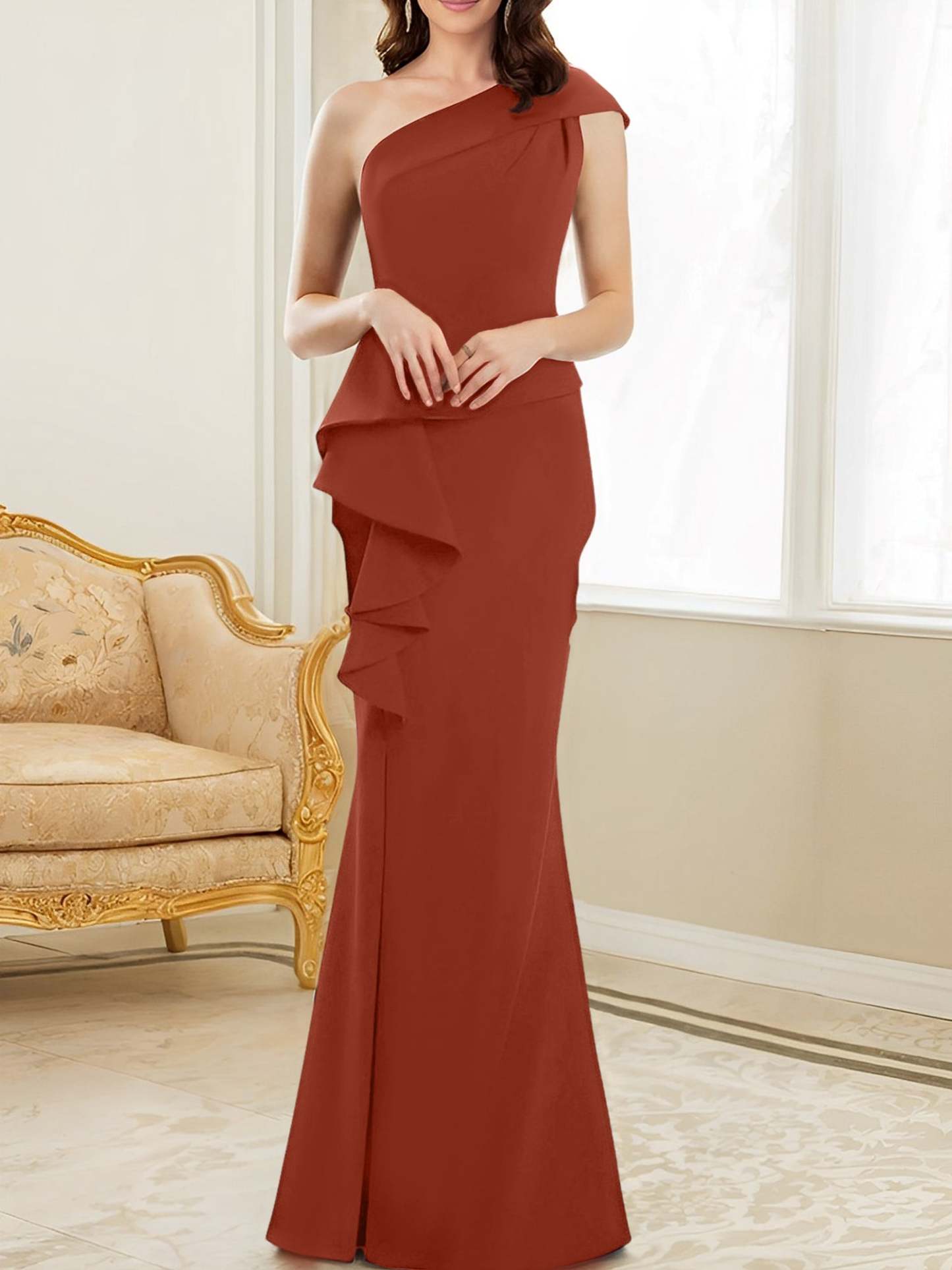 One-Shoulder Floor-Length Trumpet/Mermaid Gown for the Mother of the Bride