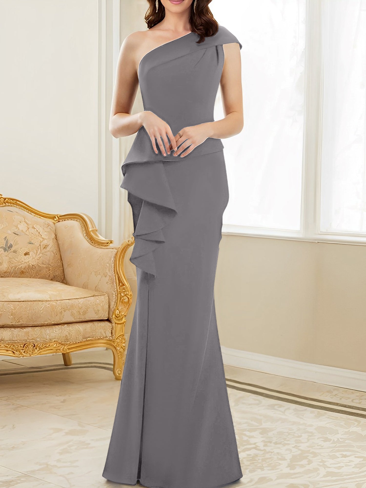 One-Shoulder Floor-Length Trumpet/Mermaid Gown for the Mother of the Bride