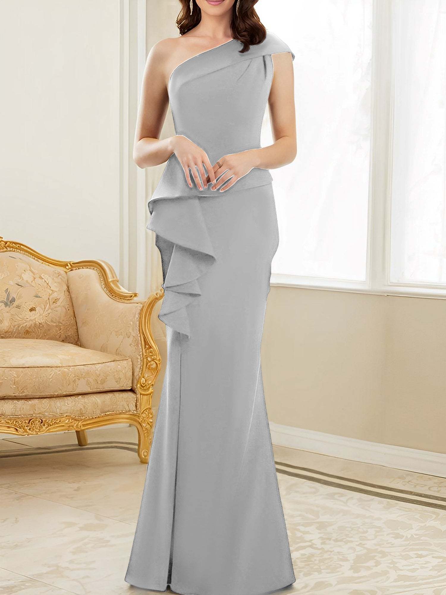 One-Shoulder Floor-Length Trumpet/Mermaid Gown for the Mother of the Bride