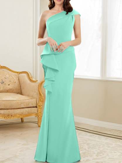 One-Shoulder Floor-Length Trumpet/Mermaid Gown for the Mother of the Bride