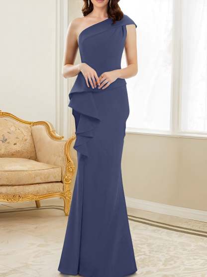 One-Shoulder Floor-Length Trumpet/Mermaid Gown for the Mother of the Bride