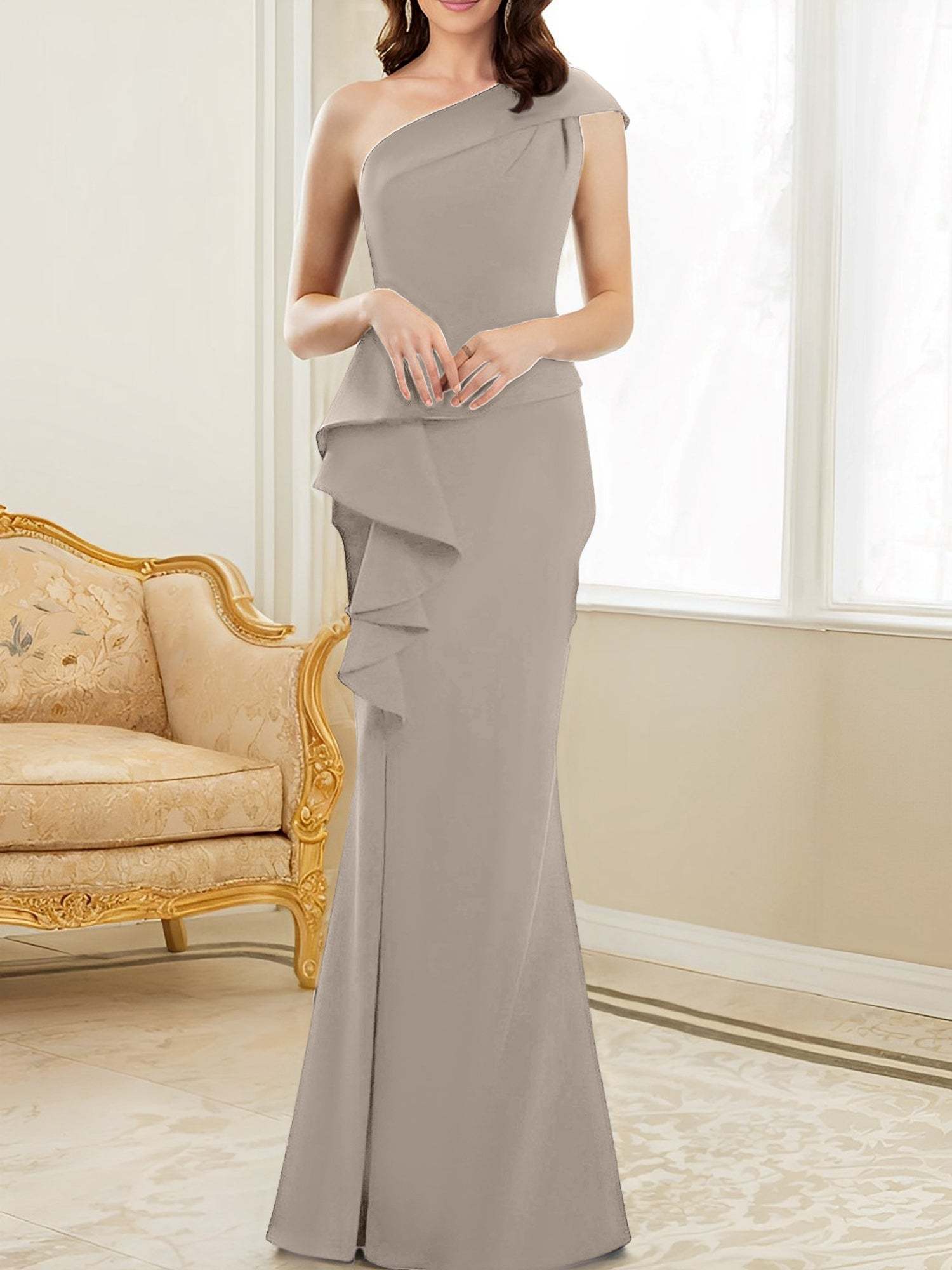 One-Shoulder Floor-Length Trumpet/Mermaid Gown for the Mother of the Bride