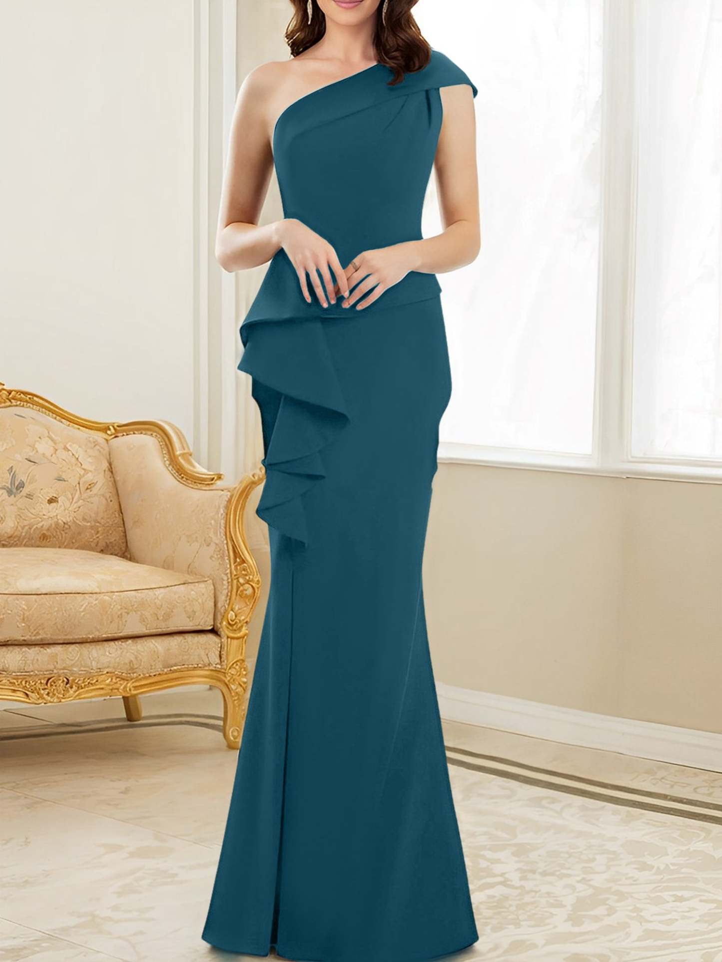 One-Shoulder Floor-Length Trumpet/Mermaid Gown for the Mother of the Bride