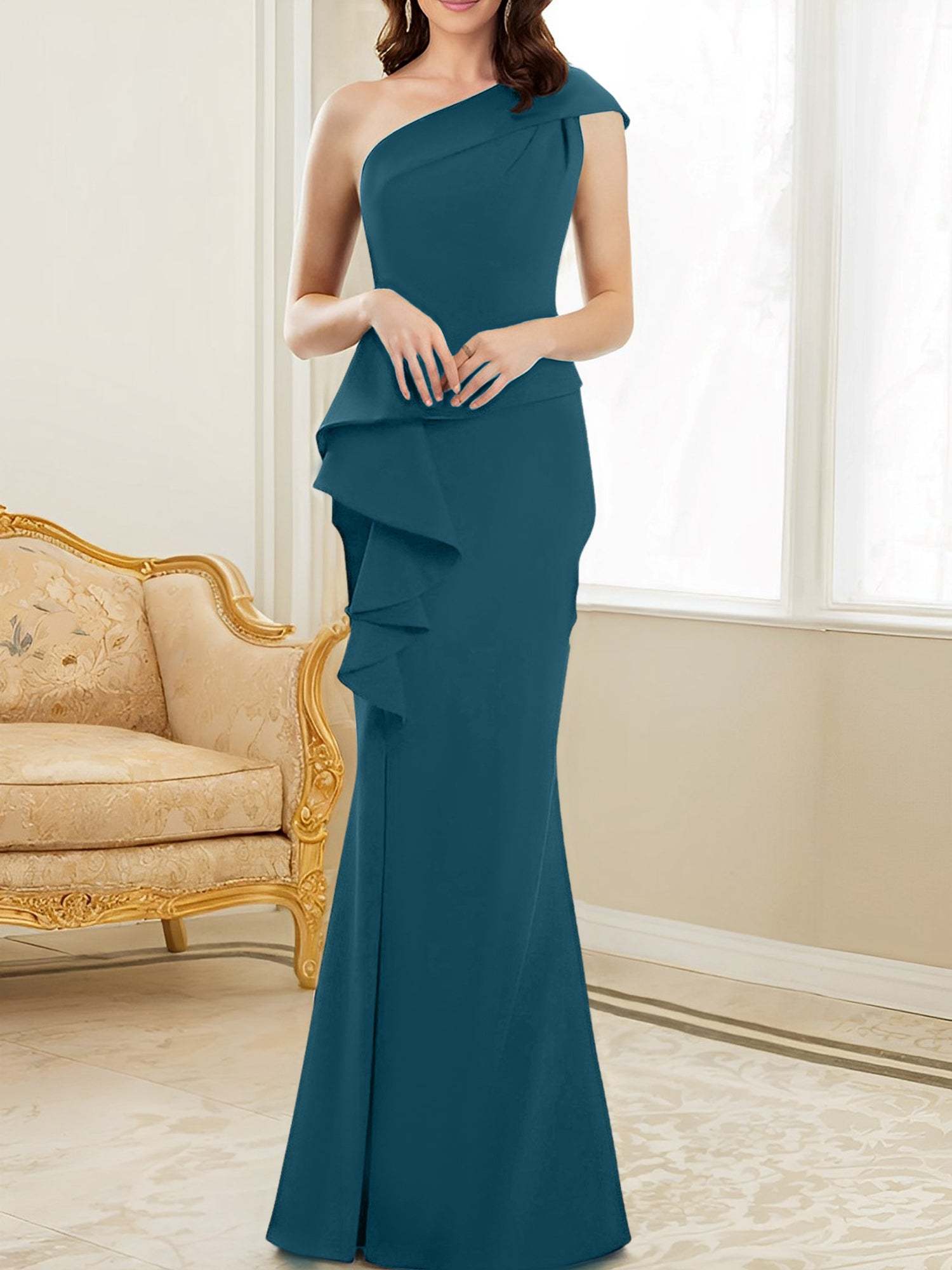 One-Shoulder Floor-Length Trumpet/Mermaid Gown for the Mother of the Bride