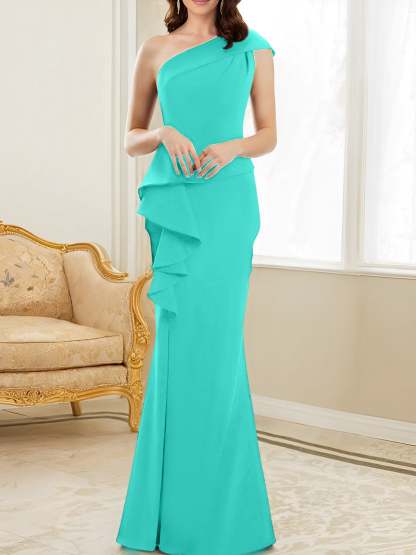 One-Shoulder Floor-Length Trumpet/Mermaid Gown for the Mother of the Bride