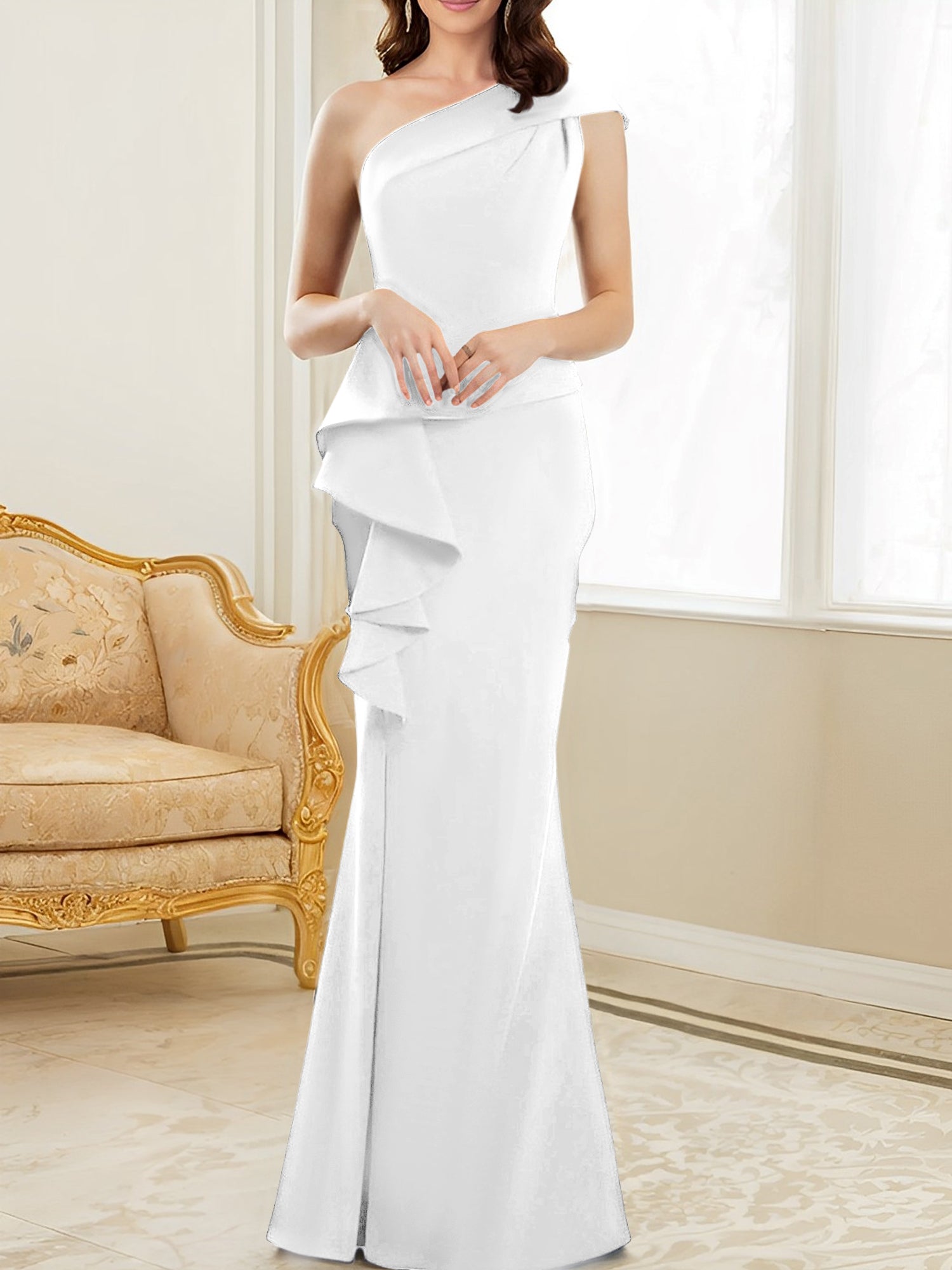 One-Shoulder Floor-Length Trumpet/Mermaid Gown for the Mother of the Bride