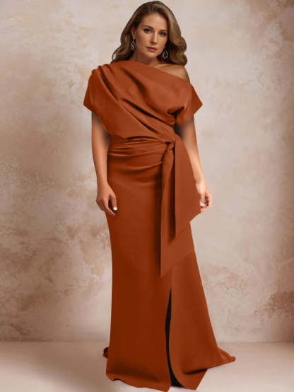 One-Shoulder Mermaid Trumpet Gown with Ruffles and Side Split for Plus-Size Mothers of the Bride