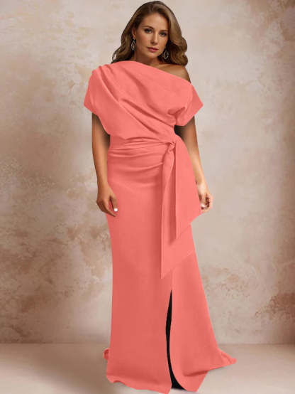 One-Shoulder Mermaid Trumpet Gown with Ruffles and Side Split for Plus-Size Mothers of the Bride