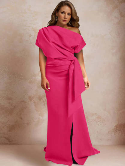 One-Shoulder Mermaid Trumpet Gown with Ruffles and Side Split for Plus-Size Mothers of the Bride