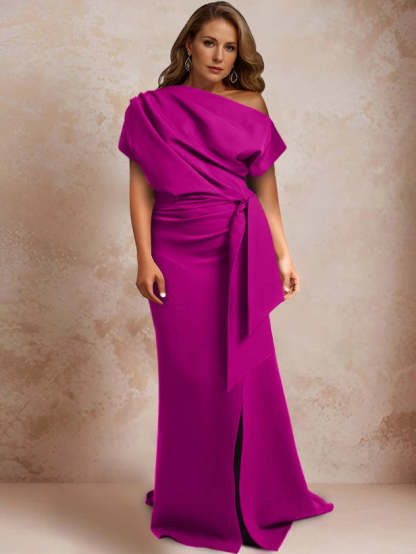 One-Shoulder Mermaid Trumpet Gown with Ruffles and Side Split for Plus-Size Mothers of the Bride