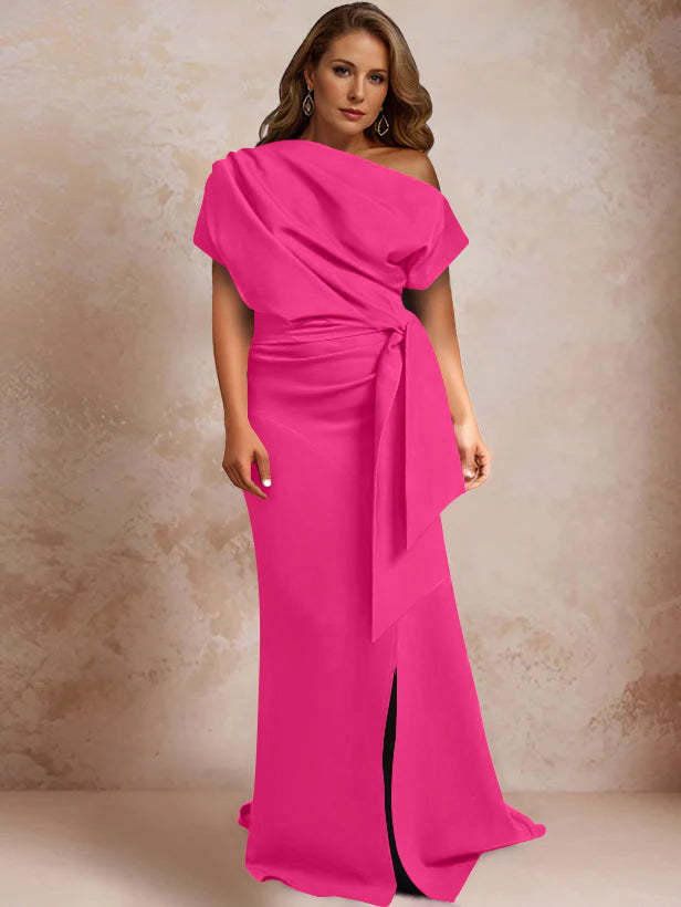 One-Shoulder Mermaid Trumpet Gown with Ruffles and Side Split for Plus-Size Mothers of the Bride