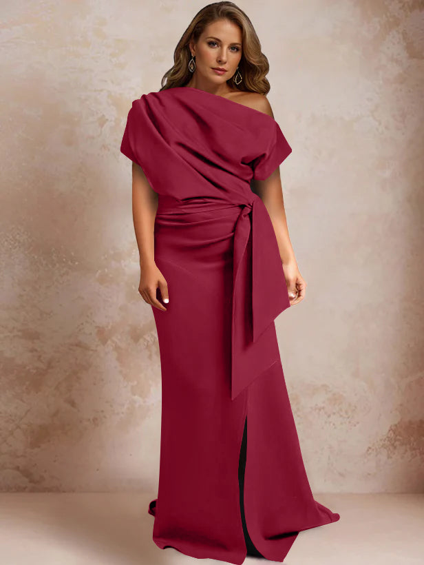 One-Shoulder Mermaid Trumpet Gown with Ruffles and Side Split for Plus-Size Mothers of the Bride