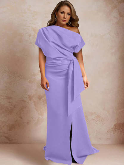 One-Shoulder Mermaid Trumpet Gown with Ruffles and Side Split for Plus-Size Mothers of the Bride