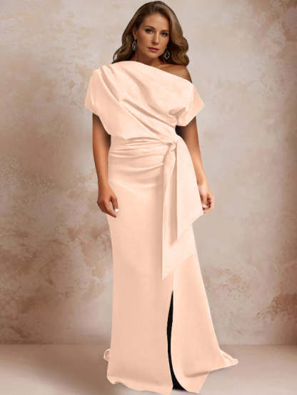 One-Shoulder Mermaid Trumpet Gown with Ruffles and Side Split for Plus-Size Mothers of the Bride