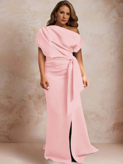 One-Shoulder Mermaid Trumpet Gown with Ruffles and Side Split for Plus-Size Mothers of the Bride