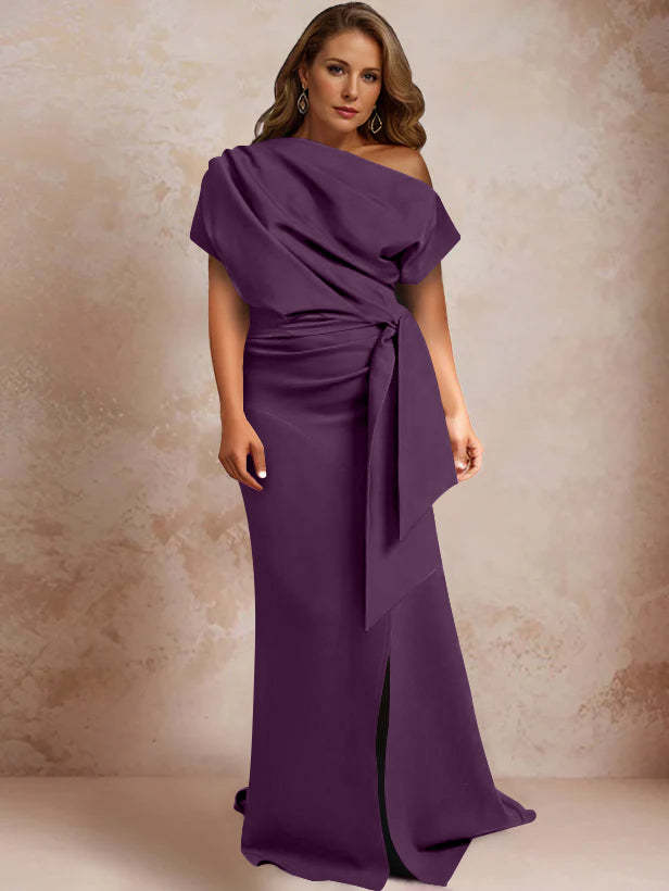 One-Shoulder Mermaid Trumpet Gown with Ruffles and Side Split for Plus-Size Mothers of the Bride