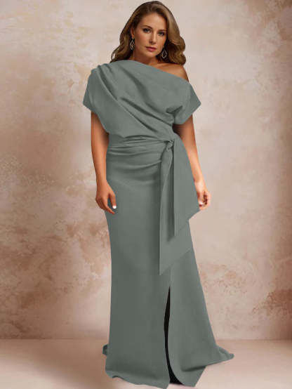 One-Shoulder Mermaid Trumpet Gown with Ruffles and Side Split for Plus-Size Mothers of the Bride