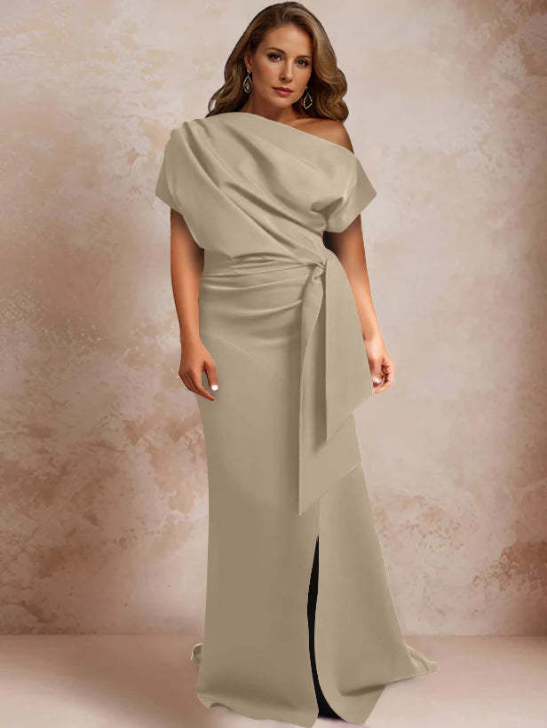 One-Shoulder Mermaid Trumpet Gown with Ruffles and Side Split for Plus-Size Mothers of the Bride