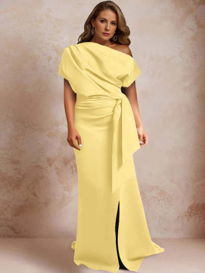 One-Shoulder Mermaid Trumpet Gown with Ruffles and Side Split for Plus-Size Mothers of the Bride