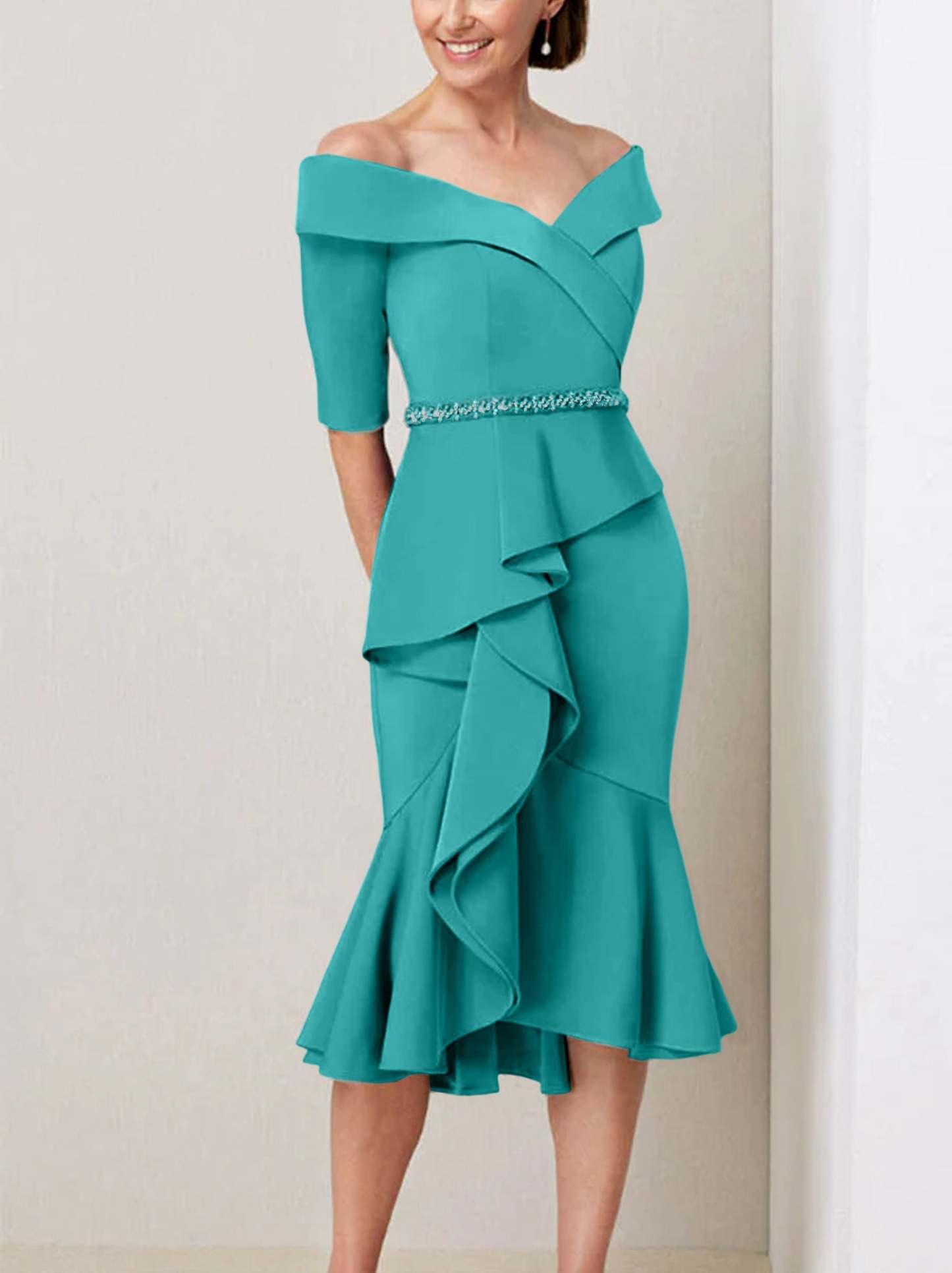 Off-the-Shoulder Beaded and Ruffled Mother of the Bride Sheath Dress with Half Sleeves