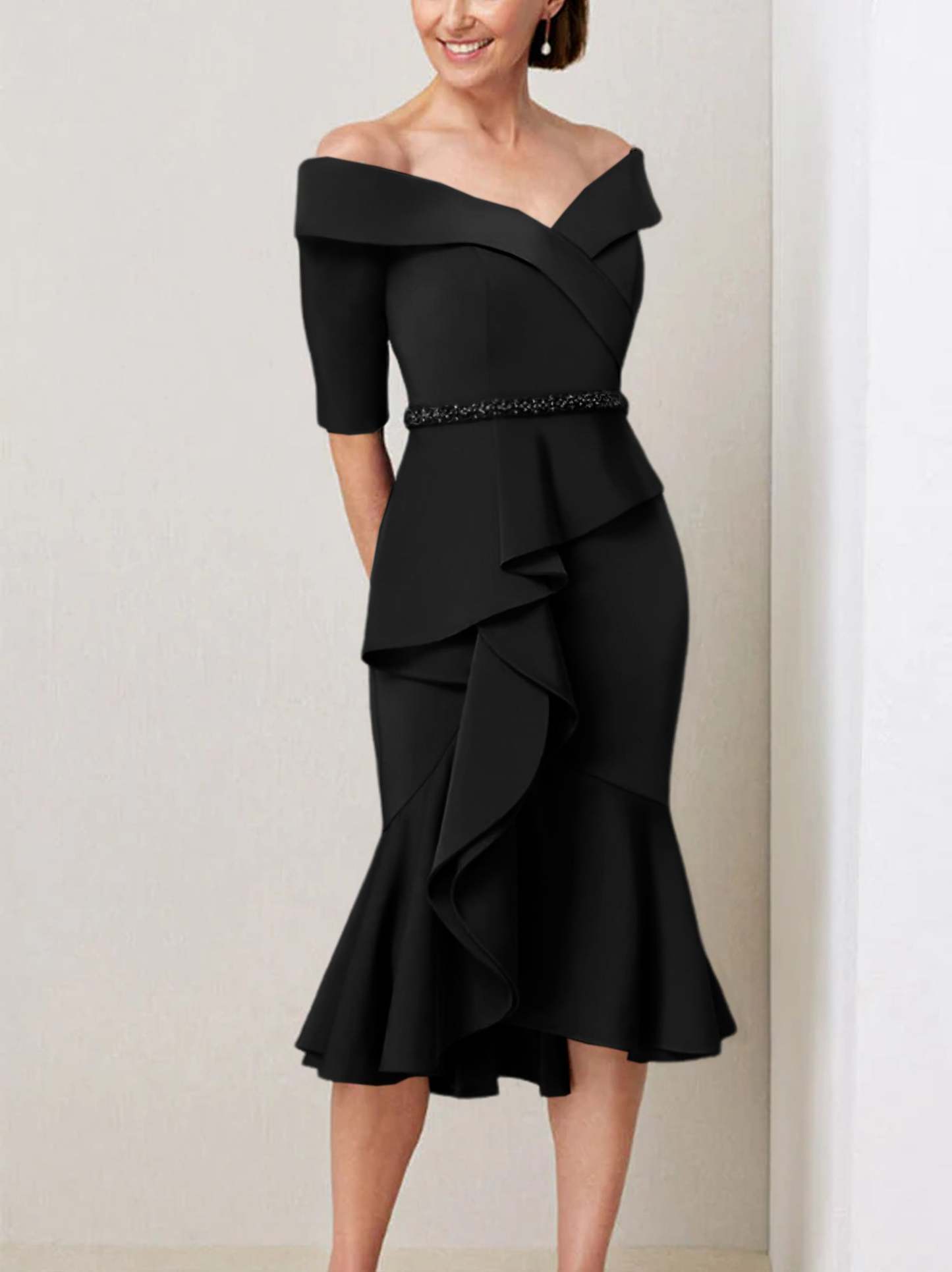 Off-the-Shoulder Beaded and Ruffled Mother of the Bride Sheath Dress with Half Sleeves