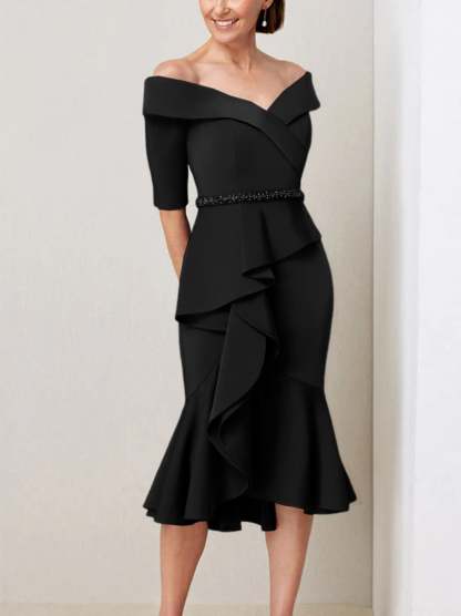 Off-the-Shoulder Beaded and Ruffled Mother of the Bride Sheath Dress with Half Sleeves