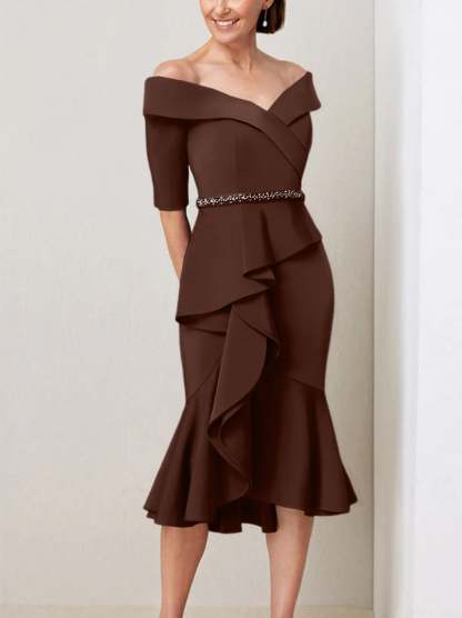 Off-the-Shoulder Beaded and Ruffled Mother of the Bride Sheath Dress with Half Sleeves