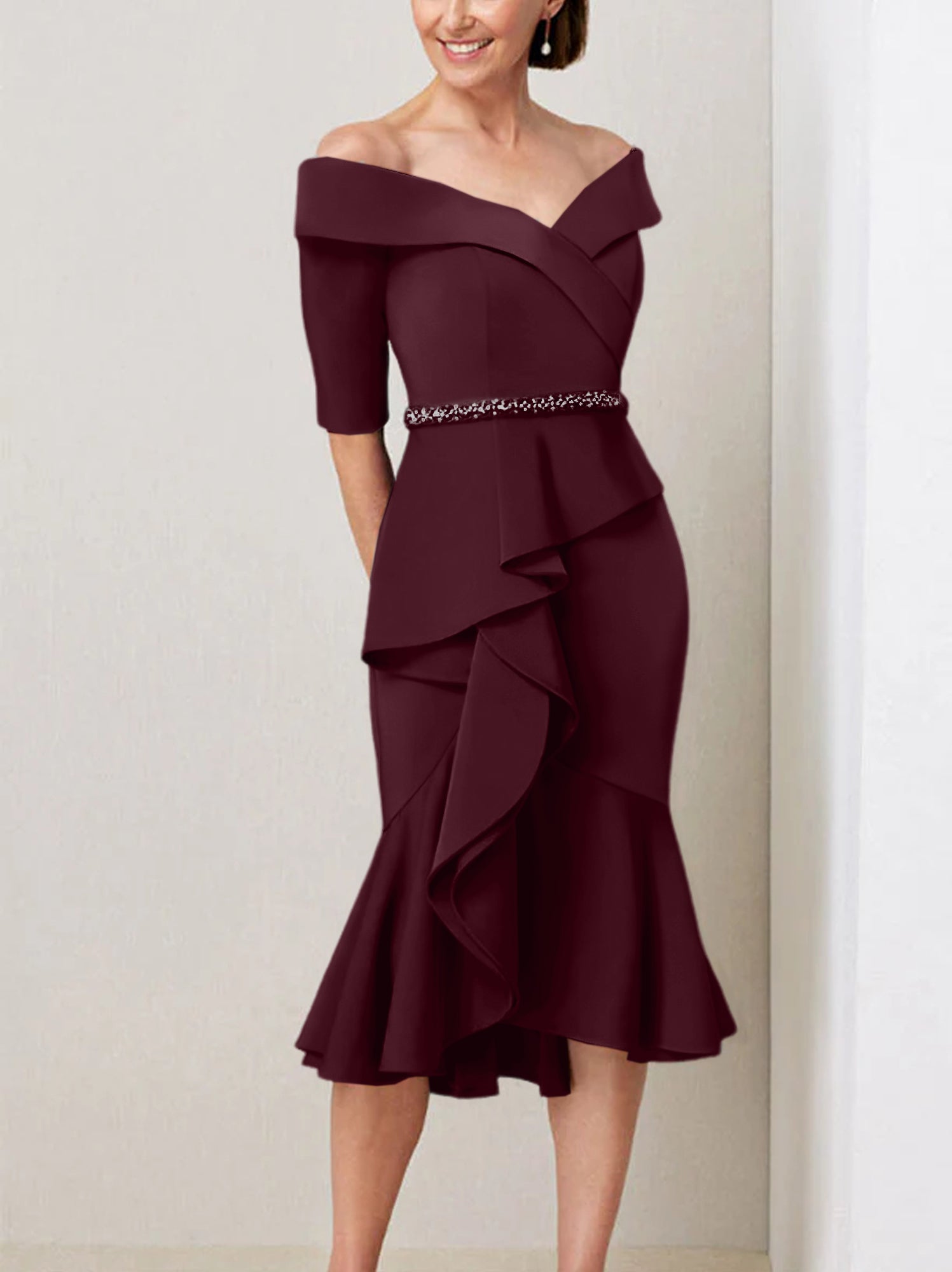 Off-the-Shoulder Beaded and Ruffled Mother of the Bride Sheath Dress with Half Sleeves