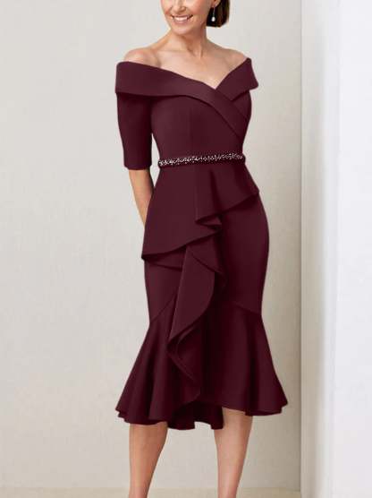 Off-the-Shoulder Beaded and Ruffled Mother of the Bride Sheath Dress with Half Sleeves