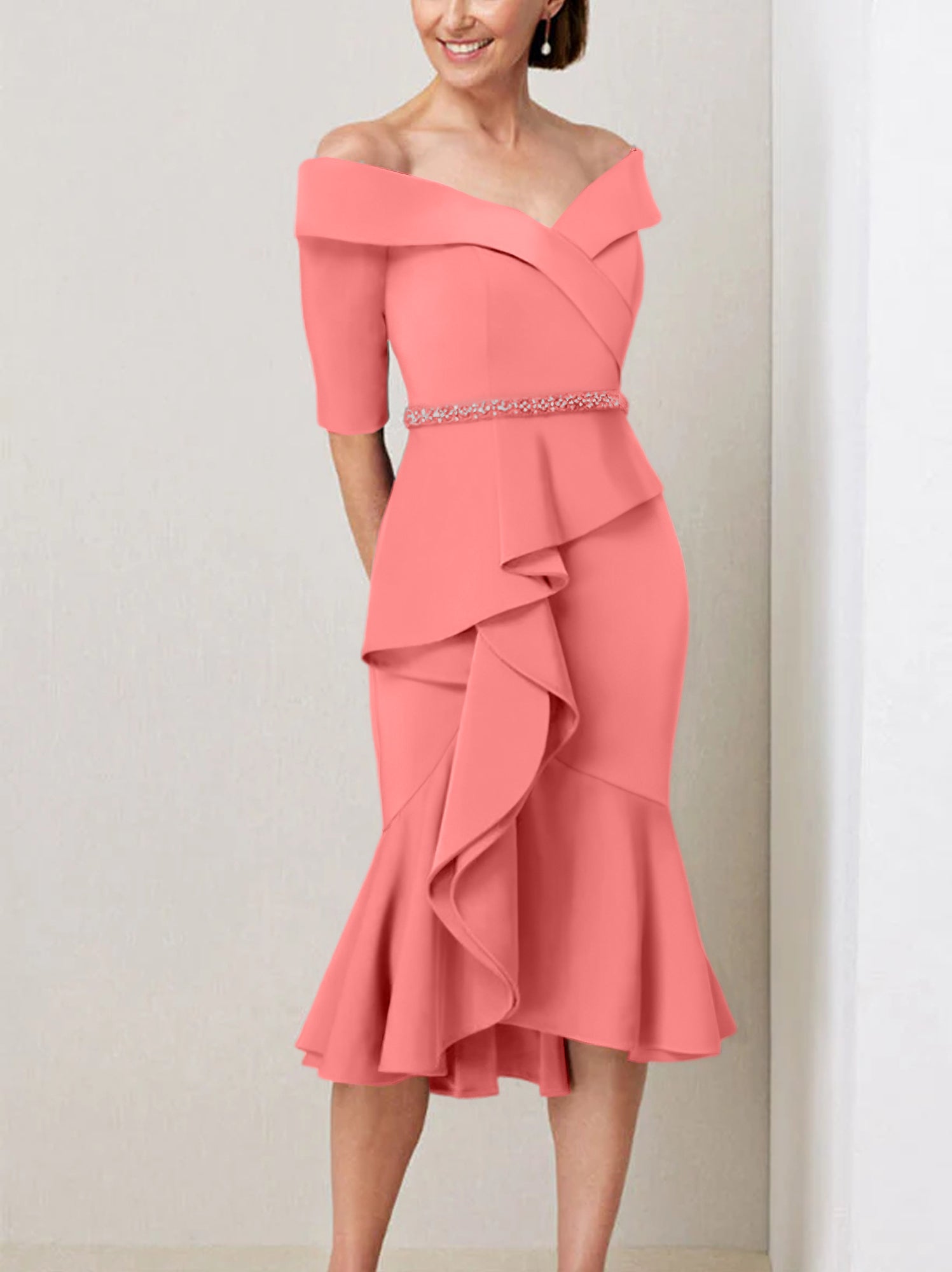 Off-the-Shoulder Beaded and Ruffled Mother of the Bride Sheath Dress with Half Sleeves