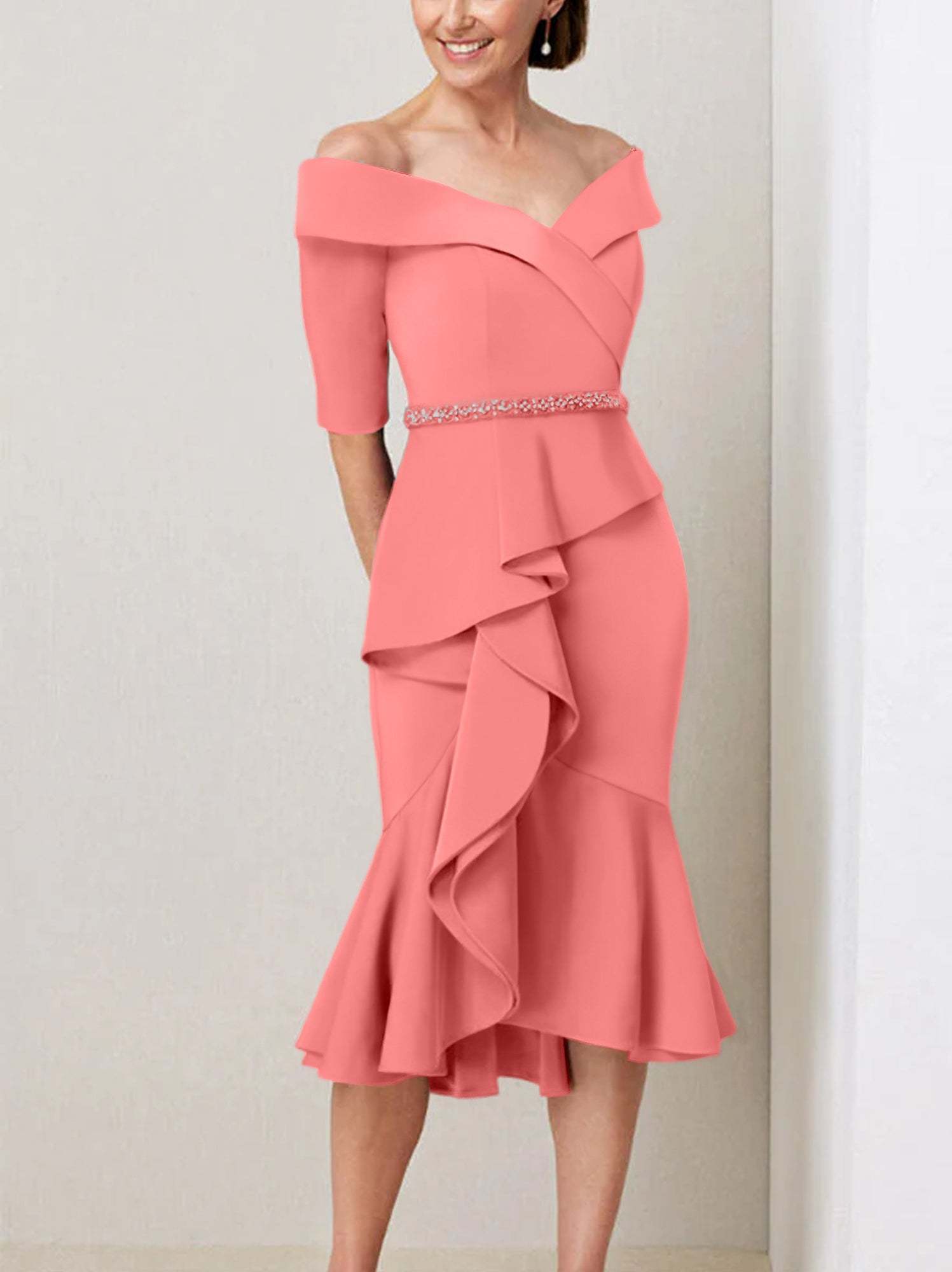Off-the-Shoulder Beaded and Ruffled Mother of the Bride Sheath Dress with Half Sleeves