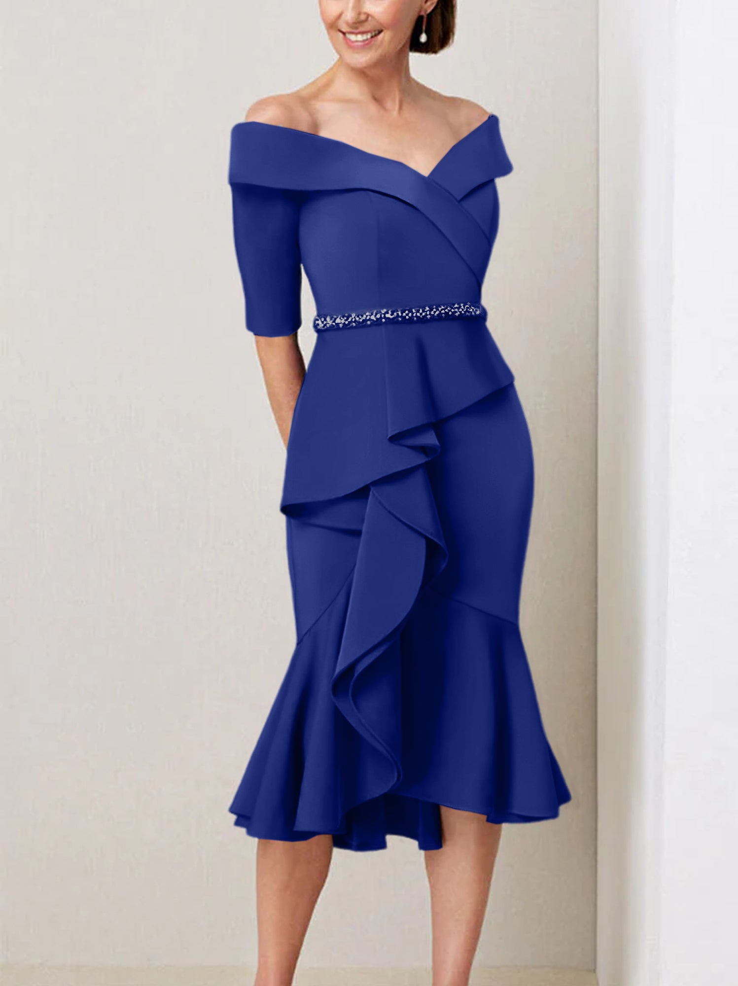 Off-the-Shoulder Beaded and Ruffled Mother of the Bride Sheath Dress with Half Sleeves