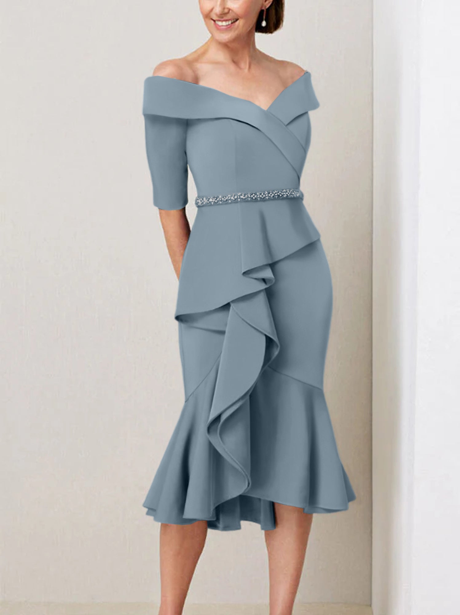 Off-the-Shoulder Beaded and Ruffled Mother of the Bride Sheath Dress with Half Sleeves