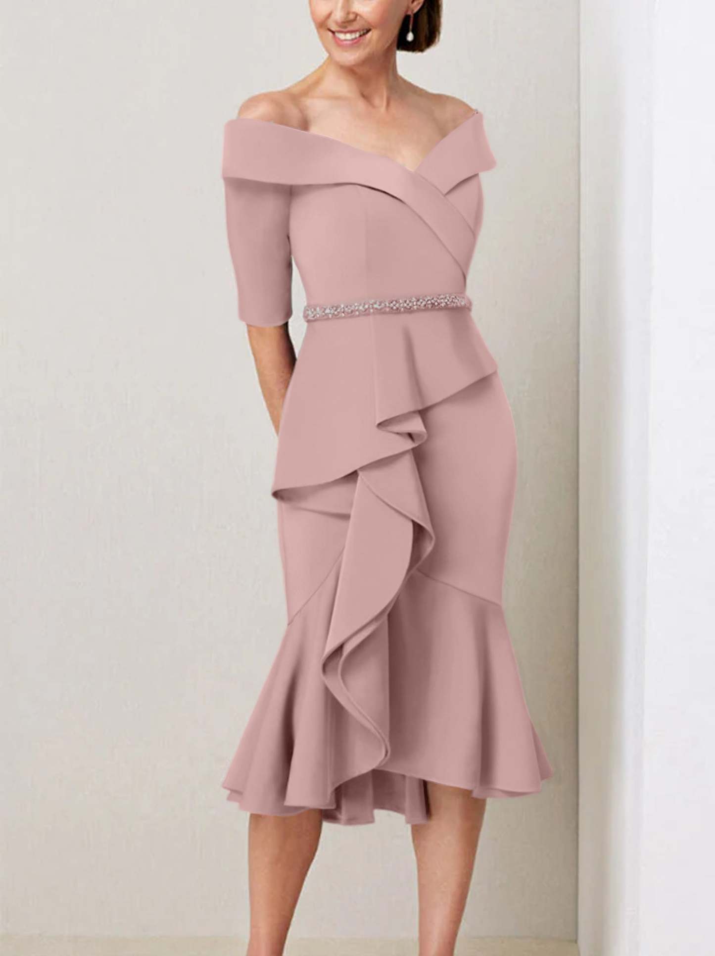 Off-the-Shoulder Beaded and Ruffled Mother of the Bride Sheath Dress with Half Sleeves