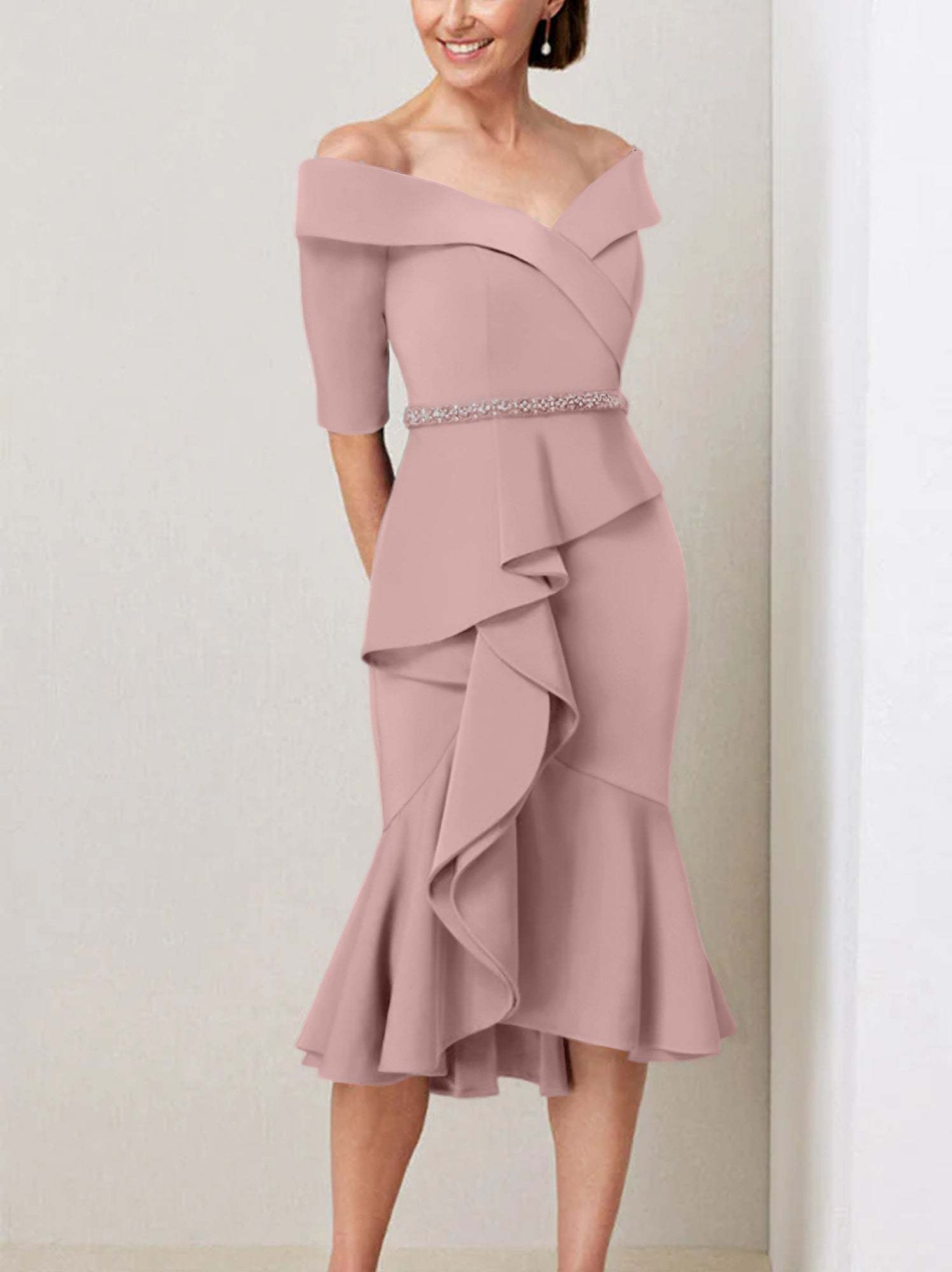 Off-the-Shoulder Beaded and Ruffled Mother of the Bride Sheath Dress with Half Sleeves