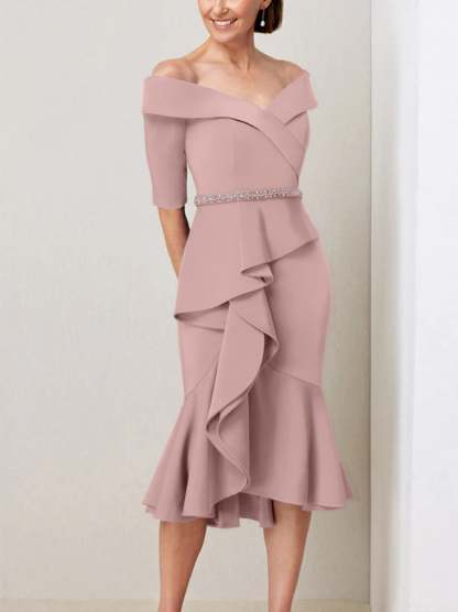 Off-the-Shoulder Beaded and Ruffled Mother of the Bride Sheath Dress with Half Sleeves