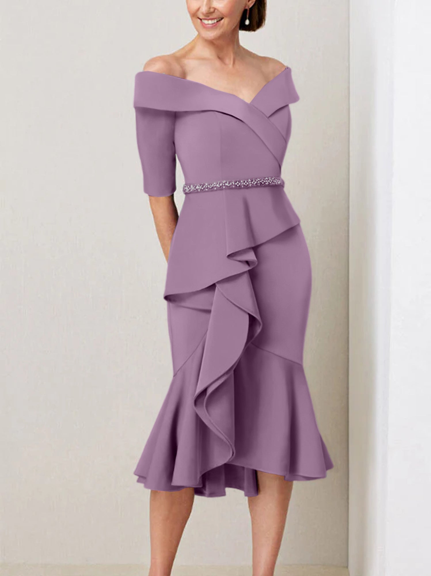 Off-the-Shoulder Beaded and Ruffled Mother of the Bride Sheath Dress with Half Sleeves