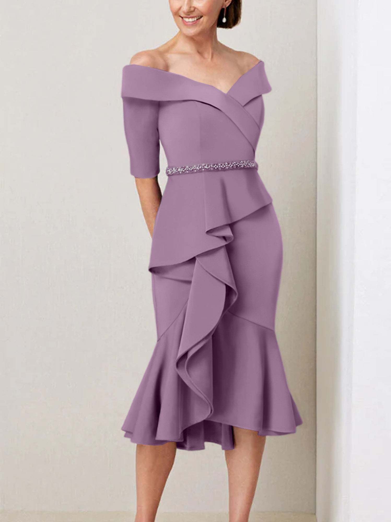 Off-the-Shoulder Beaded and Ruffled Mother of the Bride Sheath Dress with Half Sleeves
