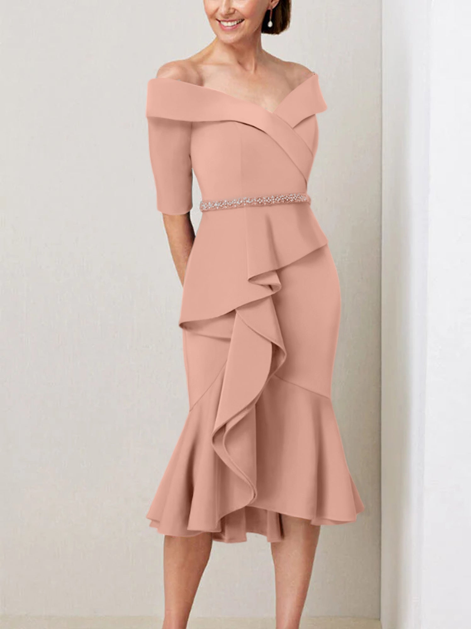 Off-the-Shoulder Beaded and Ruffled Mother of the Bride Sheath Dress with Half Sleeves