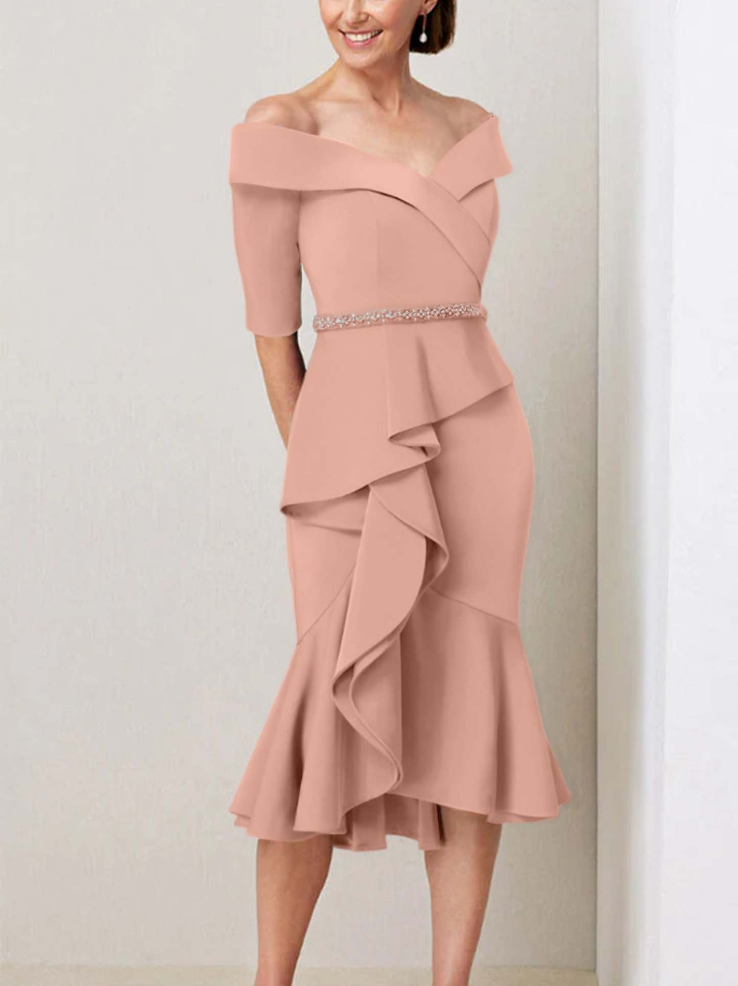 Off-the-Shoulder Beaded and Ruffled Mother of the Bride Sheath Dress with Half Sleeves