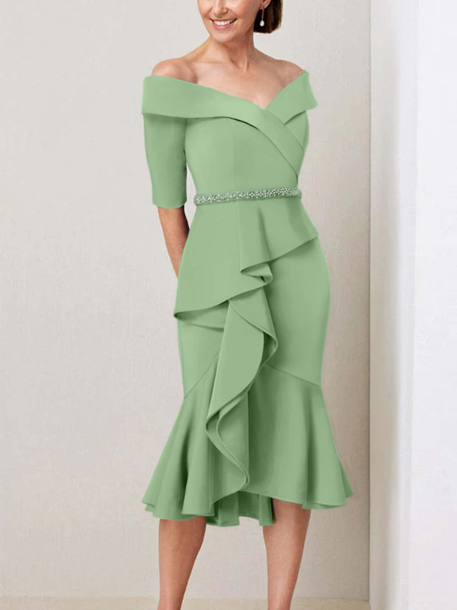 Off-the-Shoulder Beaded and Ruffled Mother of the Bride Sheath Dress with Half Sleeves