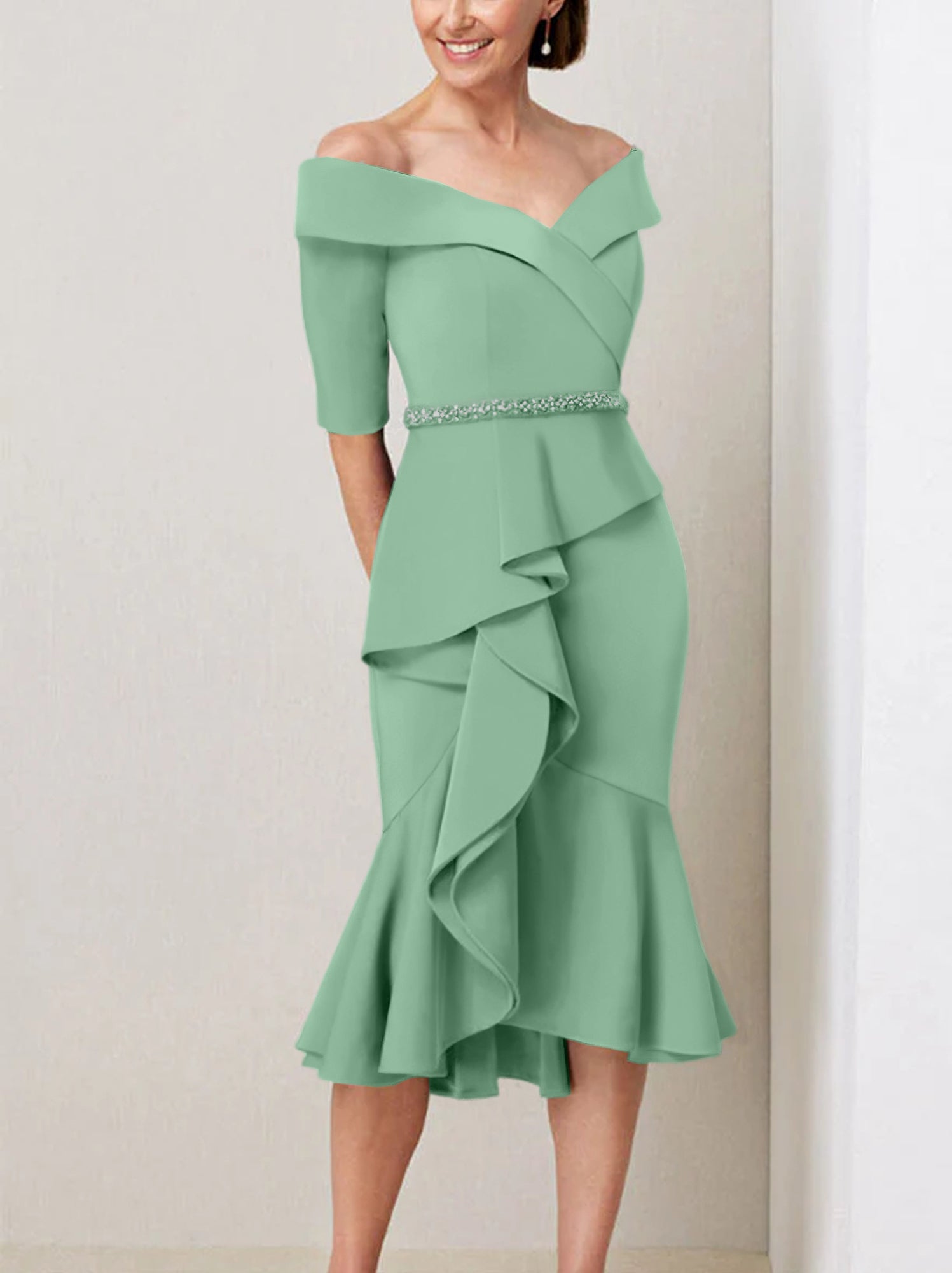 Off-the-Shoulder Beaded and Ruffled Mother of the Bride Sheath Dress with Half Sleeves
