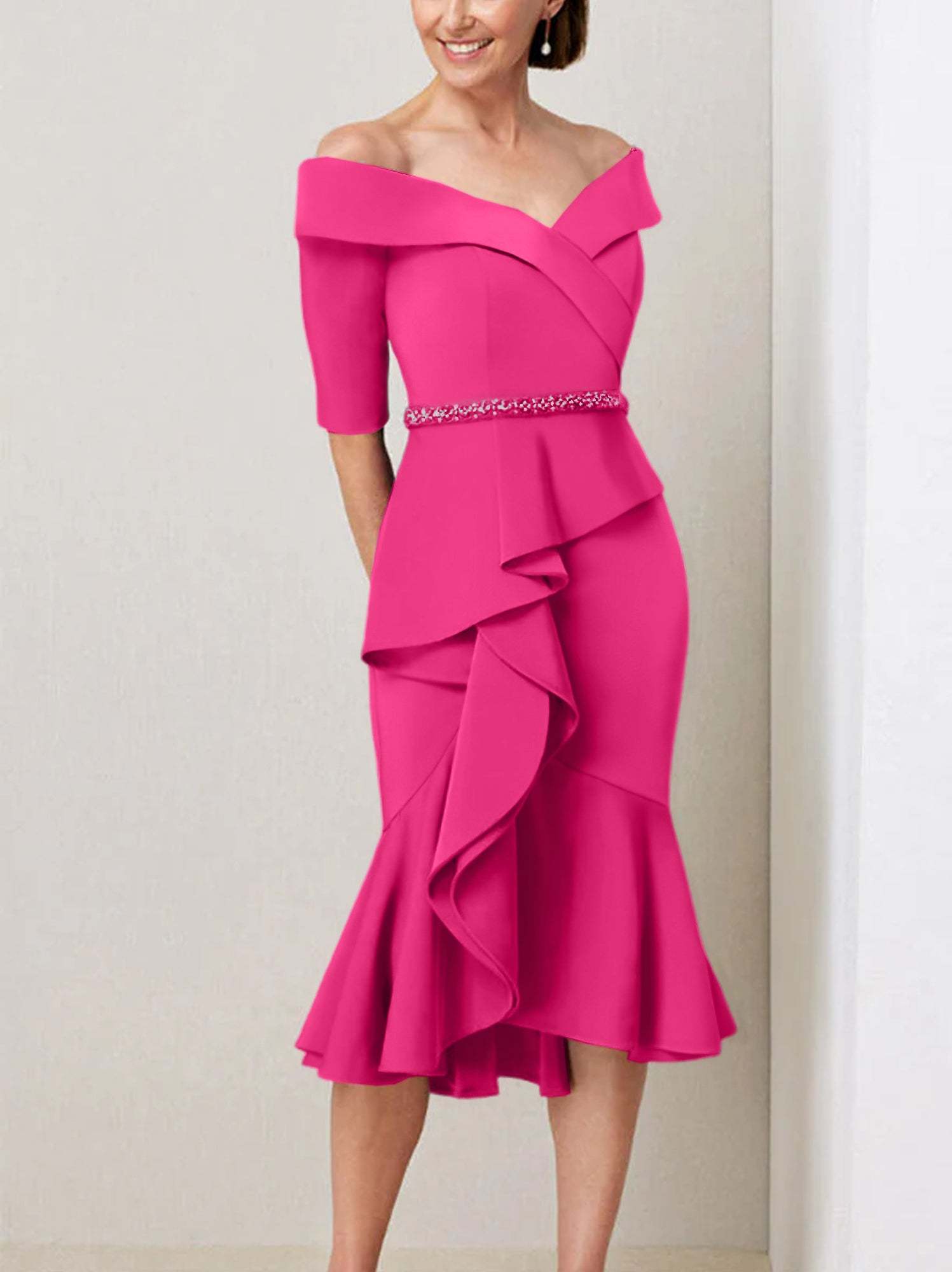 Off-the-Shoulder Beaded and Ruffled Mother of the Bride Sheath Dress with Half Sleeves