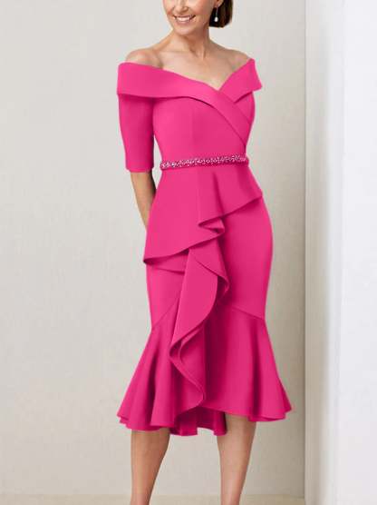 Off-the-Shoulder Beaded and Ruffled Mother of the Bride Sheath Dress with Half Sleeves