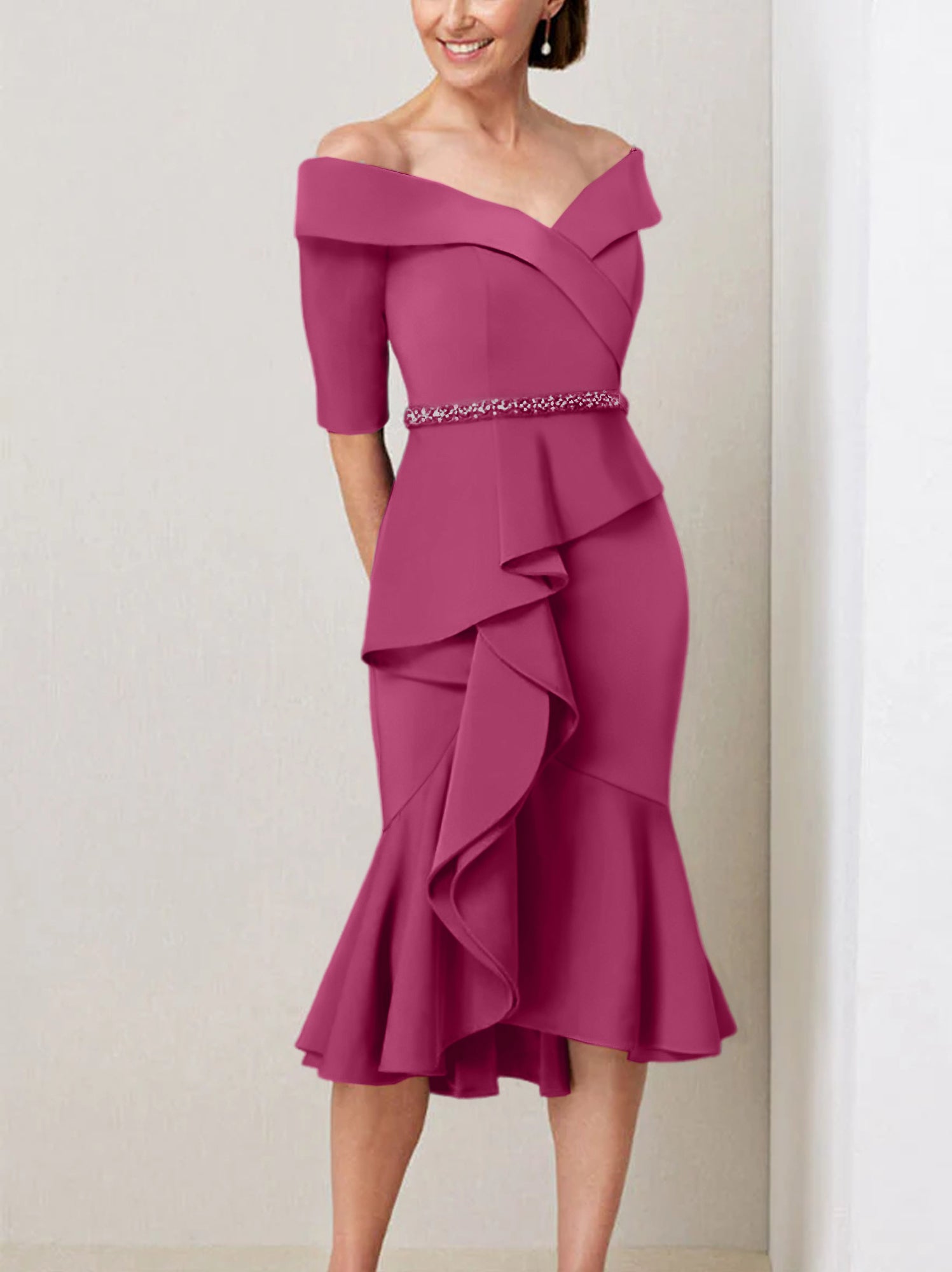 Off-the-Shoulder Beaded and Ruffled Mother of the Bride Sheath Dress with Half Sleeves
