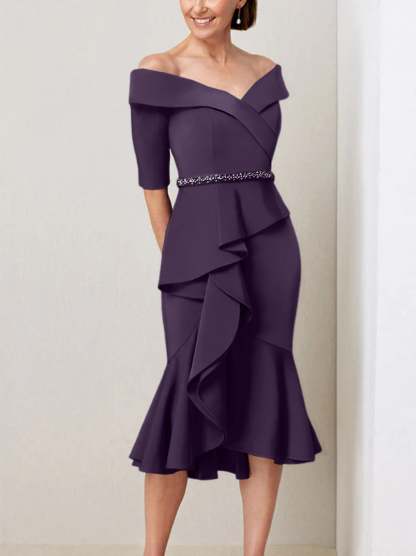 Off-the-Shoulder Beaded and Ruffled Mother of the Bride Sheath Dress with Half Sleeves